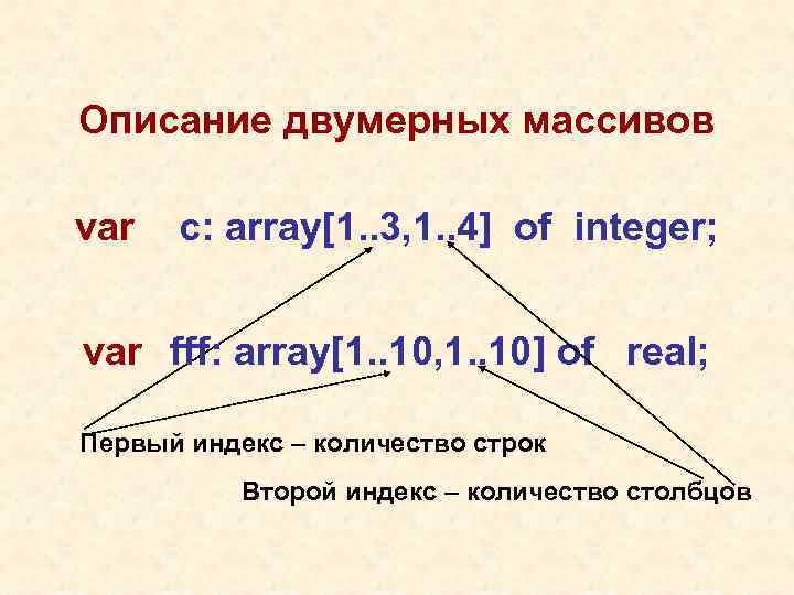 Описание двумерных массивов var  с: array[1. . 3, 1. . 4] of integer;