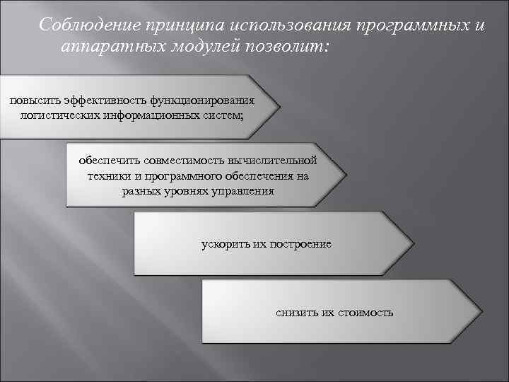   Соблюдение принципа использования программных и  аппаратных модулей позволит:  повысить эффективность