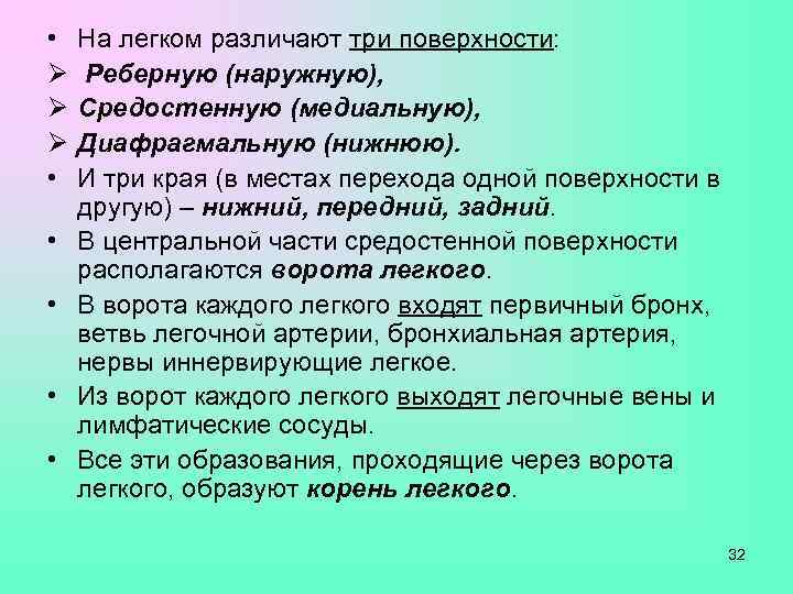  •  На легком различают три поверхности: Ø  Реберную (наружную), Ø 