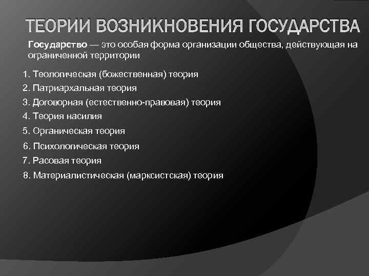 ТЕОРИИ ВОЗНИКНОВЕНИЯ ГОСУДАРСТВА Государство — это особая форма организации общества, действующая на  ограниченной