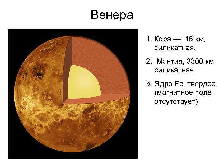 Венера   1. Кора — 16 км,   силикатная.  2. Мантия,