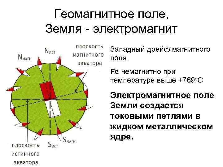  Геомагнитное поле, Земля - электромагнит  Западный дрейф магнитного  поля.  Fe
