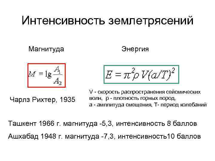   Интенсивность землетрясений  Магнитуда    Энергия    