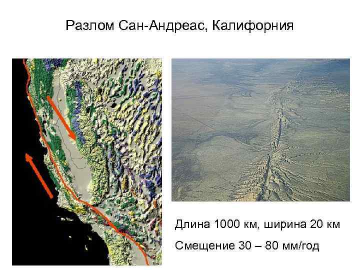 Разлом Сан-Андреас, Калифорния    Длина 1000 км, ширина 20 км  