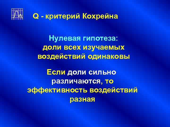 Q - критерий Кохрейна Нулевая гипотеза: доли всех изучаемых воздействий одинаковы Q - критерий Кохрейна Нулевая гипотеза: доли всех изучаемых воздействий одинаковы