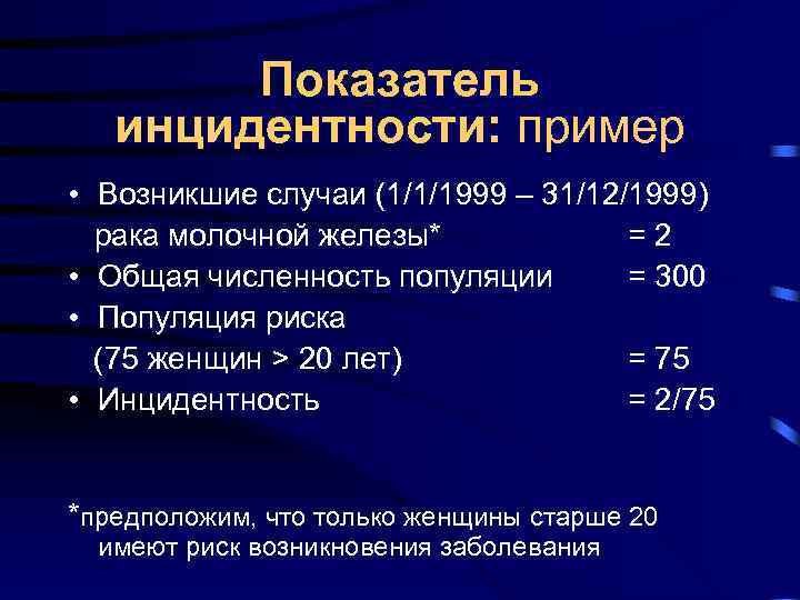 Показатель инцидентности: пример • Возникшие случаи (1/1/1999 – 31/12/1999) рака Показатель инцидентности: пример • Возникшие случаи (1/1/1999 – 31/12/1999) рака
