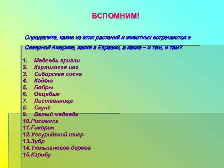      ВСПОМНИМ! Определите, какие из этих растений и животных встречаются