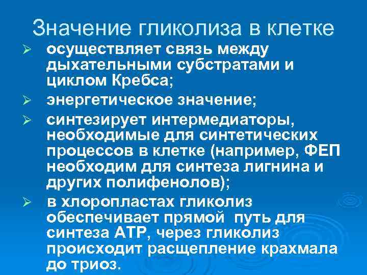  Значение гликолиза в клетке Ø осуществляет связь между  дыхательными субстратами и 