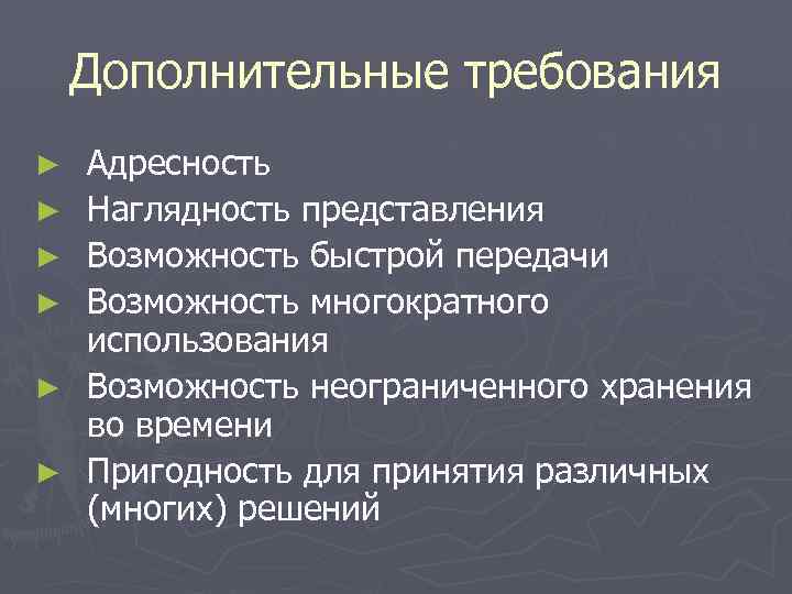   Дополнительные требования ►  Адресность ►  Наглядность представления ►  Возможность