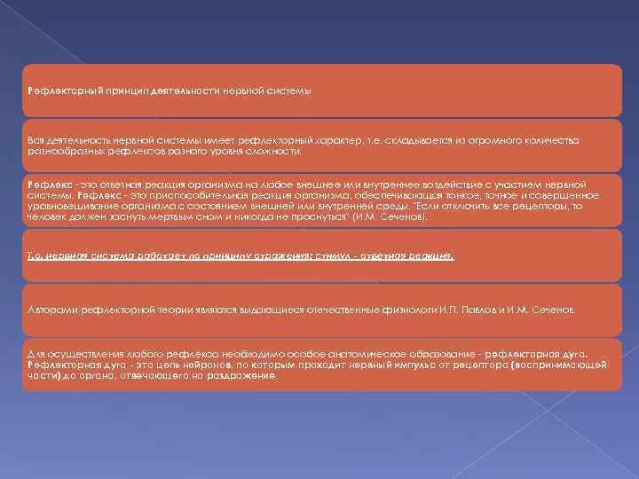 Рефлекторный принцип деятельности нервной системы Вся деятельность нервной системы имеет рефлекторный характер, т. е.
