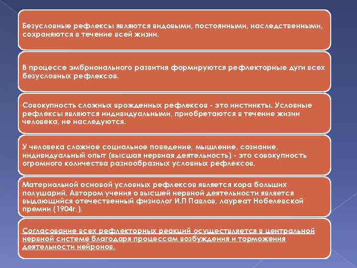 Безусловные рефлексы являются видовыми, постоянными, наследственными, сохраняются в течение всей жизни. В процессе эмбрионального