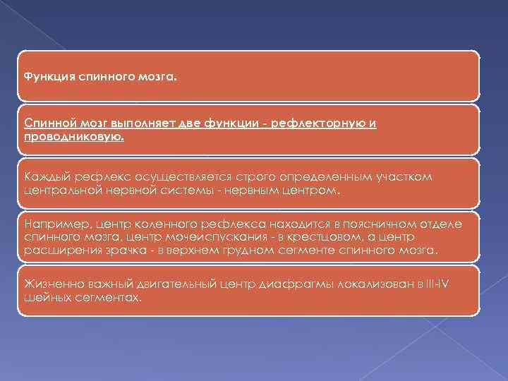 Функция спинного мозга. Спинной мозг выполняет две функции - рефлекторную и проводниковую. Каждый рефлекс