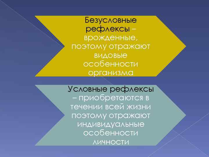 Безусловные рефлексы – врожденные, поэтому отражают видовые особенности организма Условные рефлексы – приобретаются в