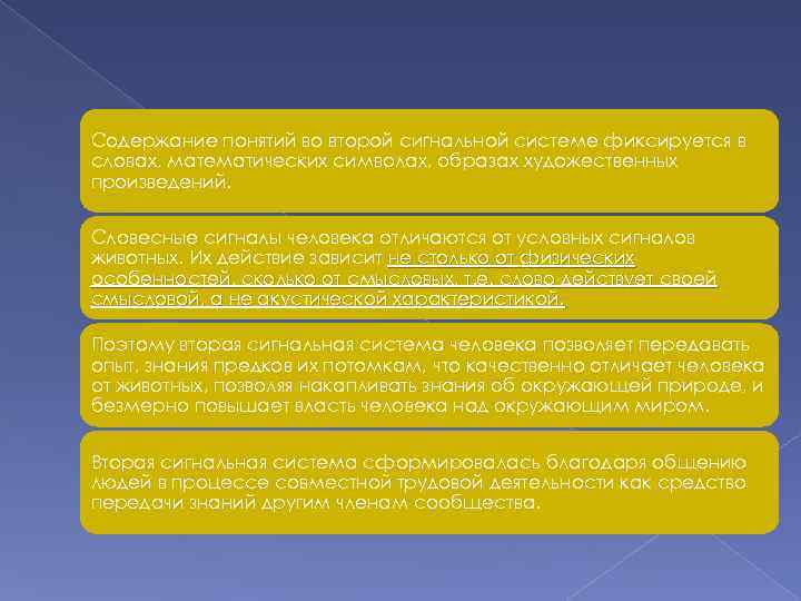 Содержание понятий во второй сигнальной системе фиксируется в словах, математических символах, образах художественных произведений.