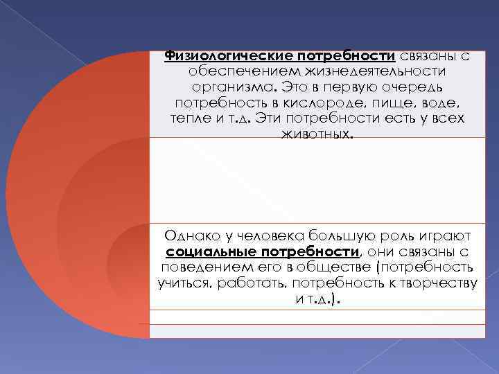 Физиологические потребности связаны с обеспечением жизнедеятельности организма. Это в первую очередь потребность в кислороде,