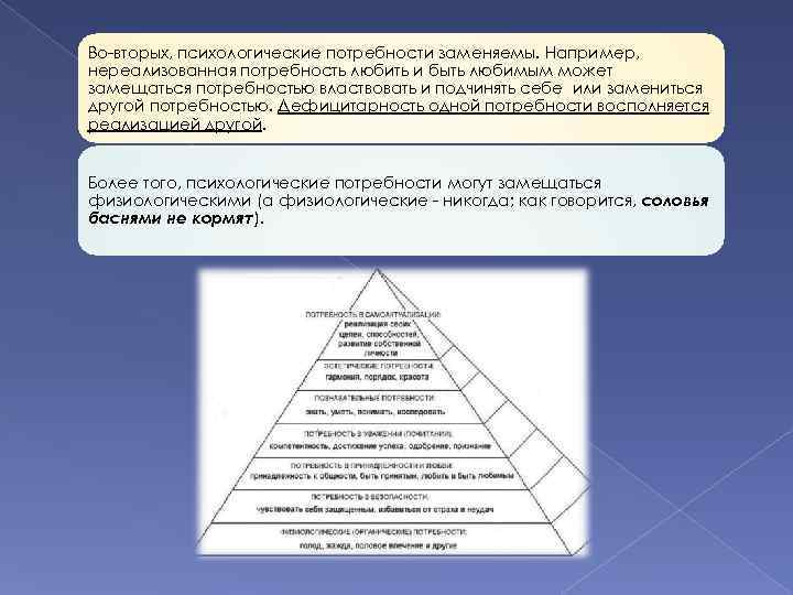 Во-вторых, психологические потребности заменяемы. Например, нереализованная потребность любить и быть любимым может замещаться потребностью