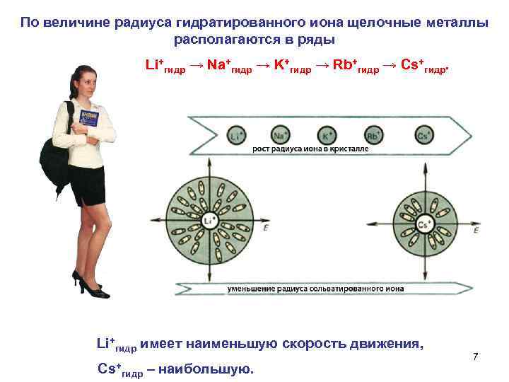 По величине радиуса гидратированного иона щелочные металлы располагаются в ряды Li+гидр → Na+гидр →