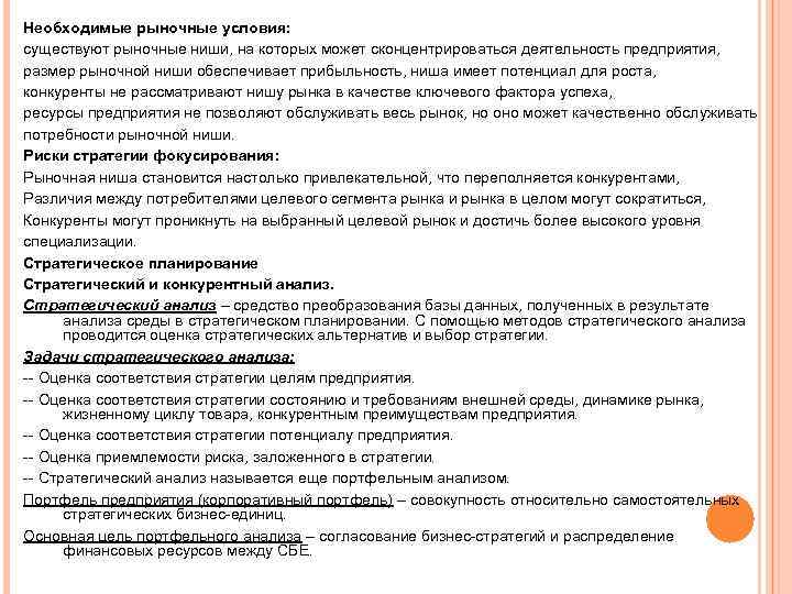 Необходимые рыночные условия: существуют рыночные ниши, на которых может сконцентрироваться деятельность предприятия, размер рыночной