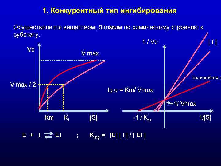 1. Конкурентный тип ингибирования Осуществляется веществом, близким по химическому строению к 1. Конкурентный тип ингибирования Осуществляется веществом, близким по химическому строению к