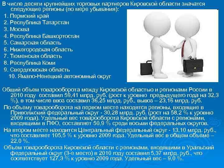 В числе десяти крупнейших торговых партнеров Кировской области значатся  следующие регионы (по мере
