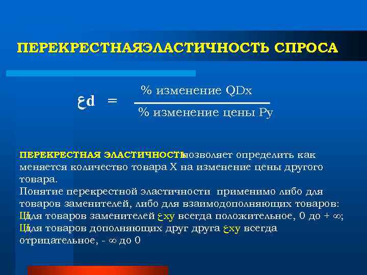 ПЕРЕКРЕСТНАЯЭЛАСТИЧНОСТЬ СПРОСА % изменение QDx ﻉ d = ПЕРЕКРЕСТНАЯЭЛАСТИЧНОСТЬ СПРОСА % изменение QDx ﻉ d =