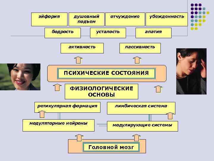эйфория душевный подъем бодрость отчуждение усталость активность убежденность апатия пассивность ПСИХИЧЕСКИЕ СОСТОЯНИЯ ФИЗИОЛОГИЧЕСКИЕ ОСНОВЫ