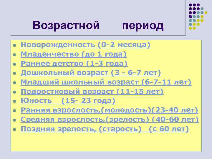 Возрастной l l l l l период Новорожденность (0 -2 месяца) Младенчество (до 1