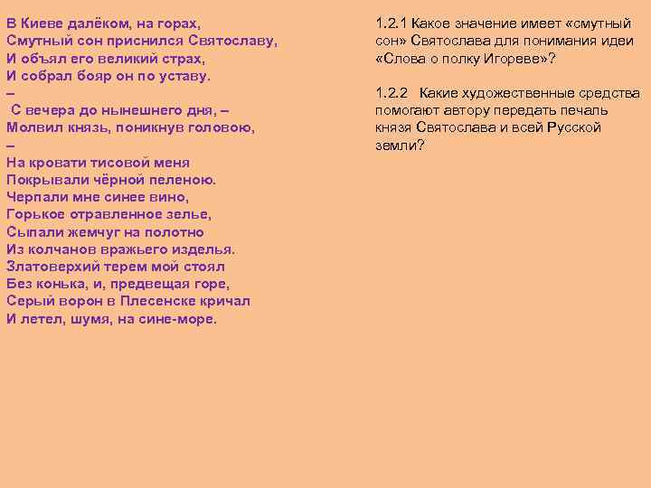 В Киеве далёком, на горах, Смутный сон приснился Святославу, И объял его великий страх,