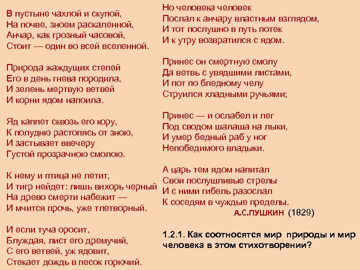 В пустыне чахлой и скупой, На почве, зноем раскаленной, Анчар, как грозный часовой, Стоит