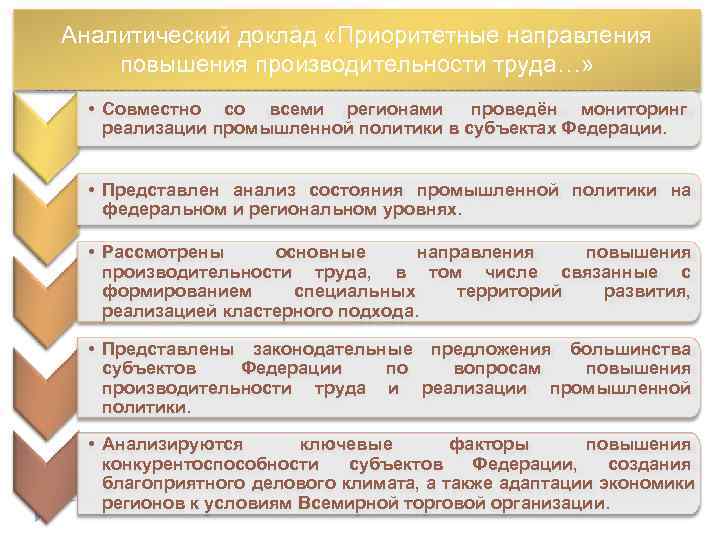 Аналитический доклад «Приоритетные направления повышения производительности труда…» • Совместно со всеми регионами  проведён