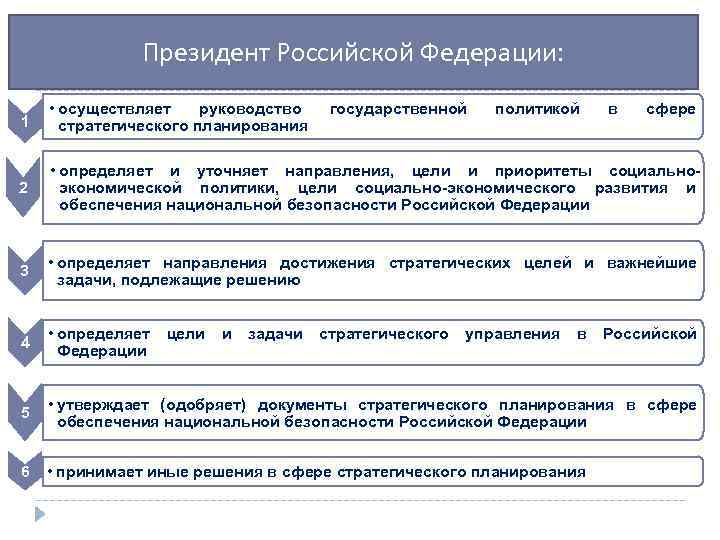    Президент Российской Федерации:  • осуществляет руководство  государственной  политикой