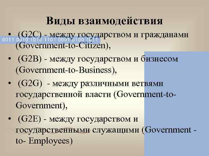  Виды взаимодействия •  (G 2 C) - между государством и гражданами
