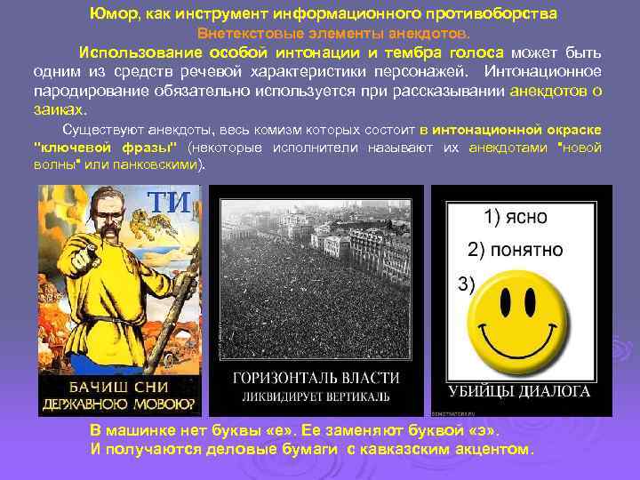Юмор, как инструмент информационного противоборства Внетекстовые элементы анекдотов. Использование особой интонации и тембра голоса