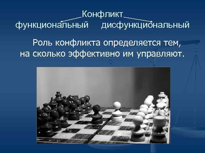    Конфликт функциональный дисфункциональный  Роль конфликта определяется тем, на сколько эффективно