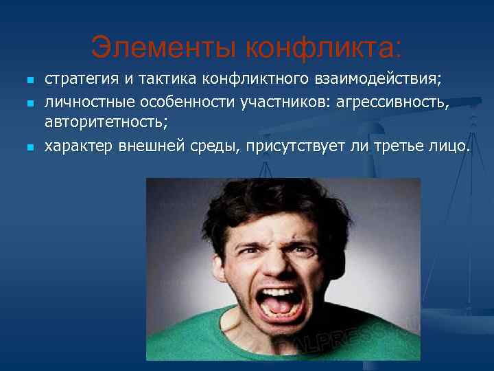    Элементы конфликта: n  стратегия и тактика конфликтного взаимодействия; n 
