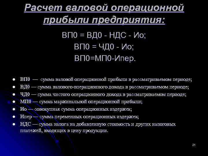  Расчет валовой операционной прибыли предприятия: ВП 0 = ВД 0 НДС Ио; ВП