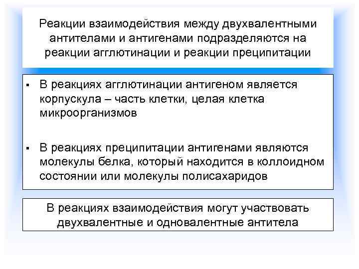 Реакции взаимодействия между двухвалентными антителами и антигенами подразделяются на реакции агглютинации и реакции преципитации