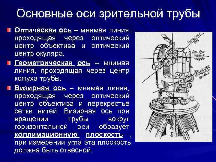 >Основные оси зрительной трубы Оптическая ось – мнимая линия, проходящая через оптический центр объектива