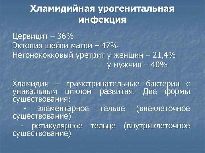  Хламидийная урогенитальная   инфекция Цервицит – 36% Эктопия шейки матки – 47%