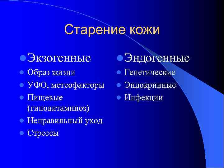 Старение кожи l Экзогенные l l l Образ жизни УФО, метеофакторы Пищевые (гиповитаминоз) Неправильный