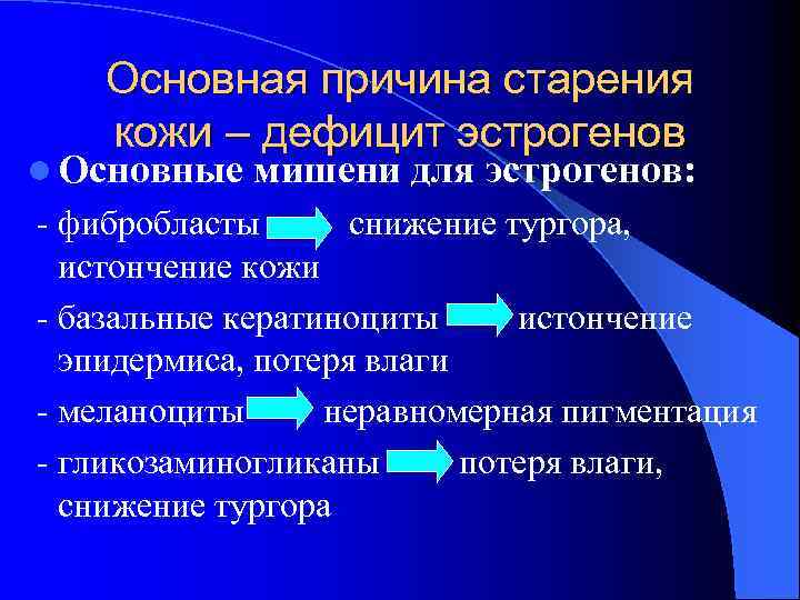 Основная причина старения кожи – дефицит эстрогенов l Основные мишени для эстрогенов: - фибробласты