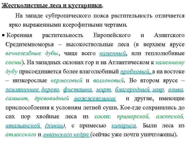 Жестколистные леса и кустарники. На западе субтропического пояса растительность отличается ярко выраженными ксерофитными чертами.