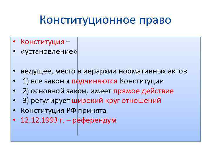 Конституционное право • Конституция – • «установление» • • • ведущее, место в иерархии