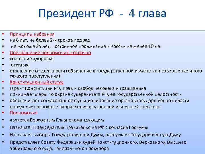 Президент РФ - 4 глава • • • • • Принципы избрания на 6