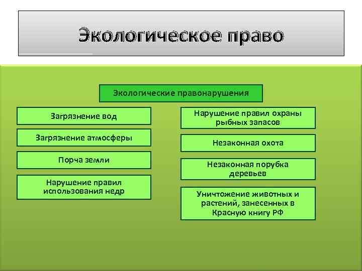 Экологическое право Экологические правонарушения Загрязнение вод Загрязнение атмосферы Порча земли Нарушение правил использования недр