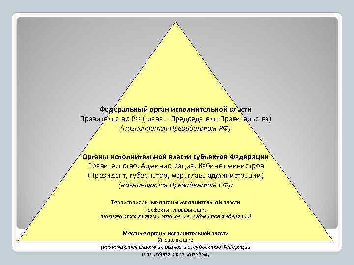  Федеральный орган исполнительной власти Правительство РФ (глава – Председатель Правительства)  (назначается Президентом
