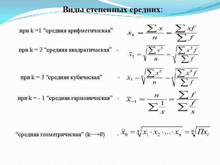      Виды степенных средних:  при k =1 “средняя арифметическая”