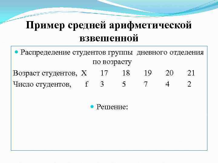   Пример средней арифметической   взвешенной  Распределение студентов группы дневного отделения