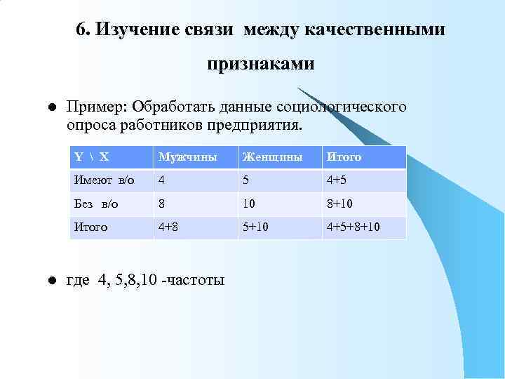  6. Изучение связи между качественными    признаками l  Пример: Обработать