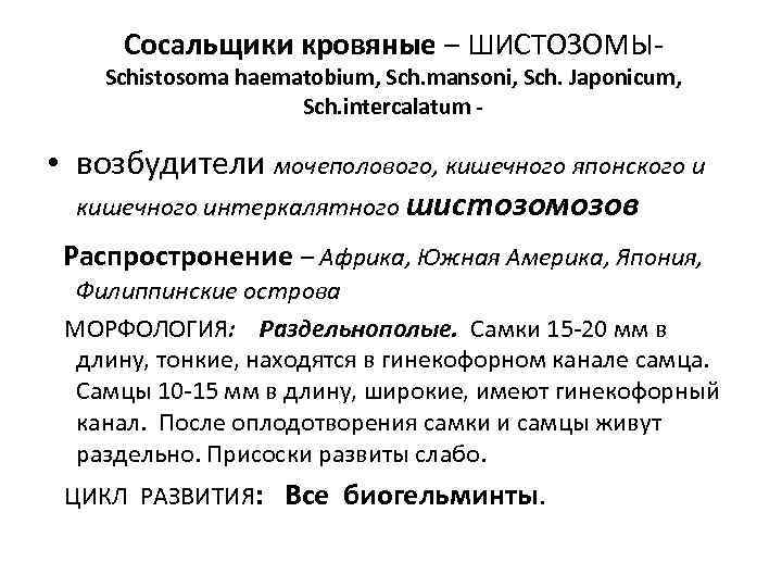  Сосальщики кровяные – ШИСТОЗОМЫ- Schistosoma hаematobium, Sch. mansoni, Sch. Japonicum,   